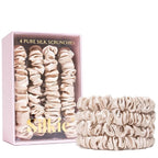 SILKIE x4 Set 100% Pure Mulberry Silk Black Brown Chocolate Pink Nude Neutral Skinny Scrunchies Travel Pouch Everyday Hair Ties Elastics Hair Care Ponytail Holder No Damage (Champagne)