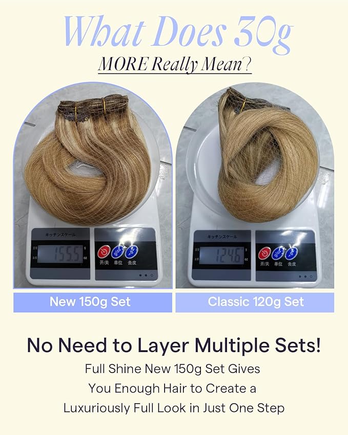 Full Shine Real Hair Clip in Extensions 20 Inch 150 G Balayage Golden Brown To Golden Blonde Clip on Hair Extensions Human Hair 7 Pcs