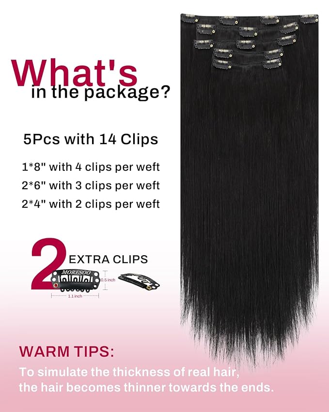 Moresoo Clip in Hair Extensions Natural Black Remy Straight Invisible Lace Double Weft Clip in Human Hair Extensions Natural Black #1b 5pcs 80g 18inch
