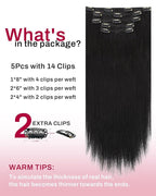 Moresoo Natural Black Clip in Hair Extensions Straight Natural Black Human Hair Clip in Extensions Remy Human Hair Long for Women Double Weft 80g/5pcs 16 inch