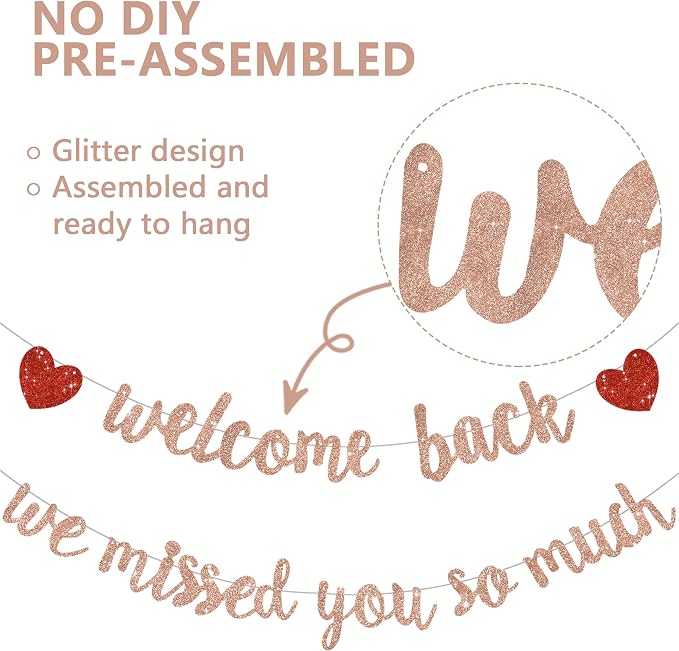 Glitter Rose Gold Welcome Back We Missed You So Much Banner NO DIY | Pre-Strung - Image 2