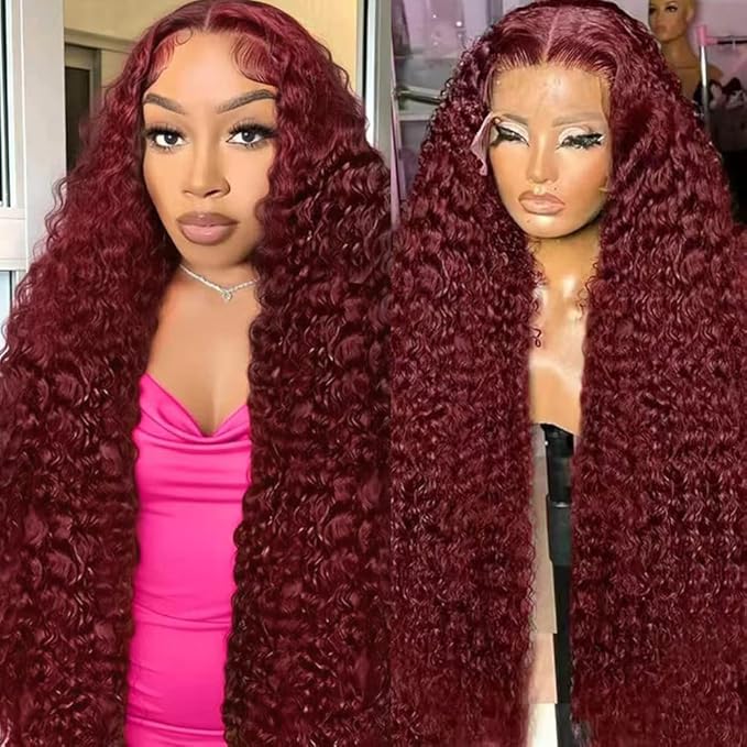 36 Inch Burgundy Wig Human Hair 13x6 Deep Wave Lace Front Wigs Human Hair 200 Density 99j Burgundy HD Lace Front Wigs Pre Plucked Red Frontal Glueless Deep Wave Wig for Women