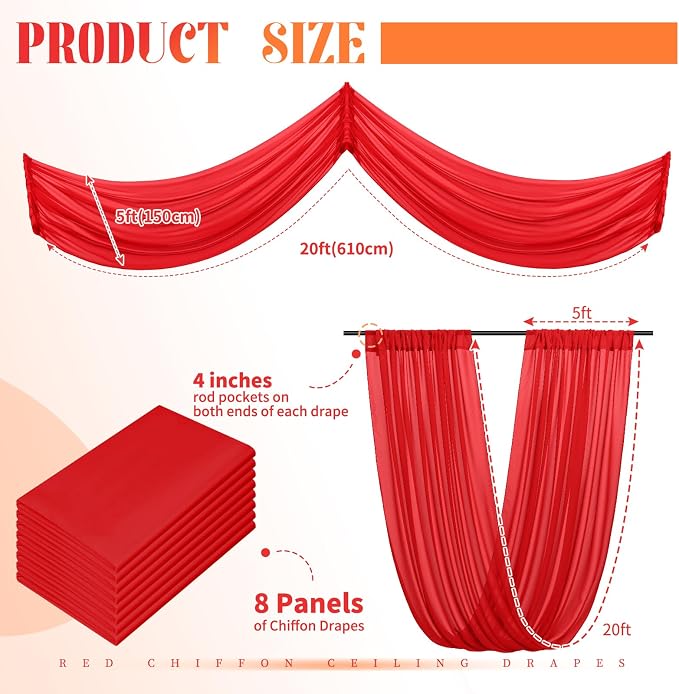 8 Panels Red Ceiling Drapes for Wedding Ceiling Drapes 5ftx20ft Wedding Arch - Image 2