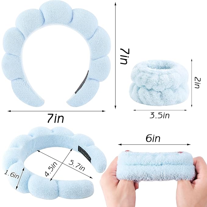 Zkptops Spa Headband for Washing Face Wristband Set Sponge Makeup Skin Care Terry Cloth Bubble Soft Get Ready Light Blue Hairband Women Girls Puffy Padded Headwear Non Slip Thick Hair Accessory
