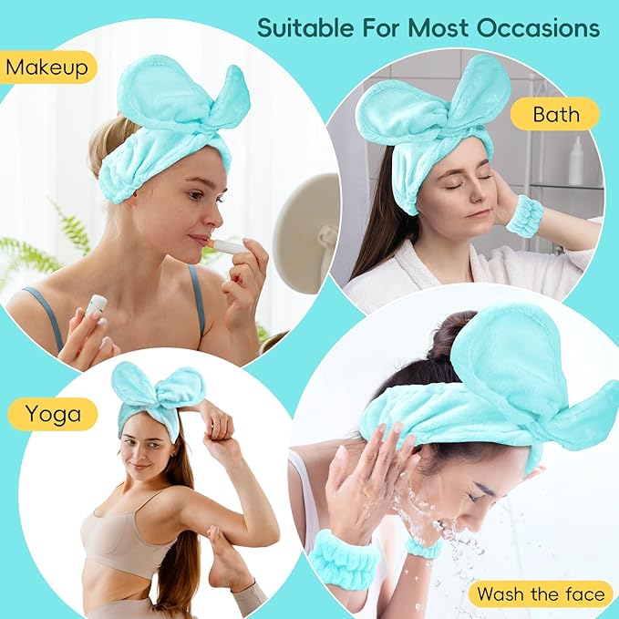 Face Wash Headband Set Adjustable Makeup Hair Headbands, Cute Spa Skincare Headband and Wristband Set 4PK, Ideal for Face Washing Coral Velvet for Girl Women