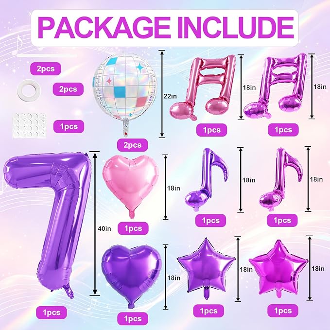 TONIFUL Girl‘s Purple Pink Music Themed 7th Birthday Decorations | 40 Inch - Image 2