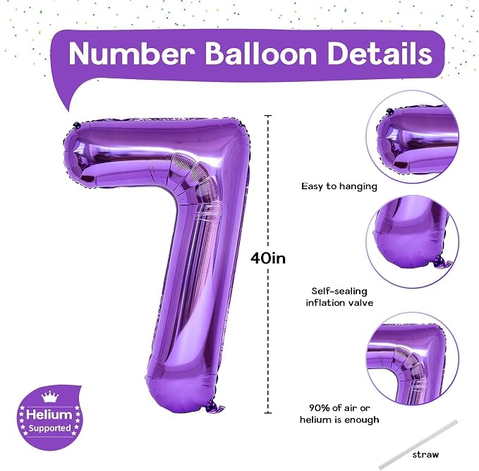 7th Birthday Number Balloon for Girls, 40 Inch Giant Mylar Purple 7 Balloon - Image 2