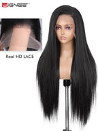 WIGNEE 13x6 Synthetic Lace Front Wig 28" Long Straight Wig Natural Black Kanekalon Futura Synthetic Wigs for Black Women Pre-Plucked Glueless Wig for Daily Party Use