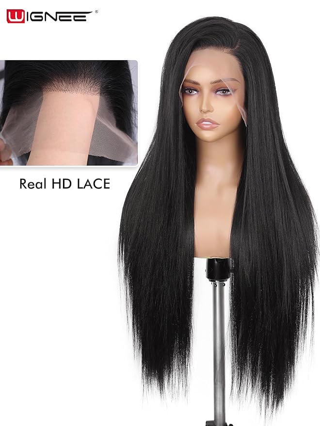 WIGNEE 13x6 Synthetic Lace Front Wig 28" Long Straight Wig Natural Black Kanekalon Futura Synthetic Wigs for Black Women Pre-Plucked Glueless Wig for Daily Party Use