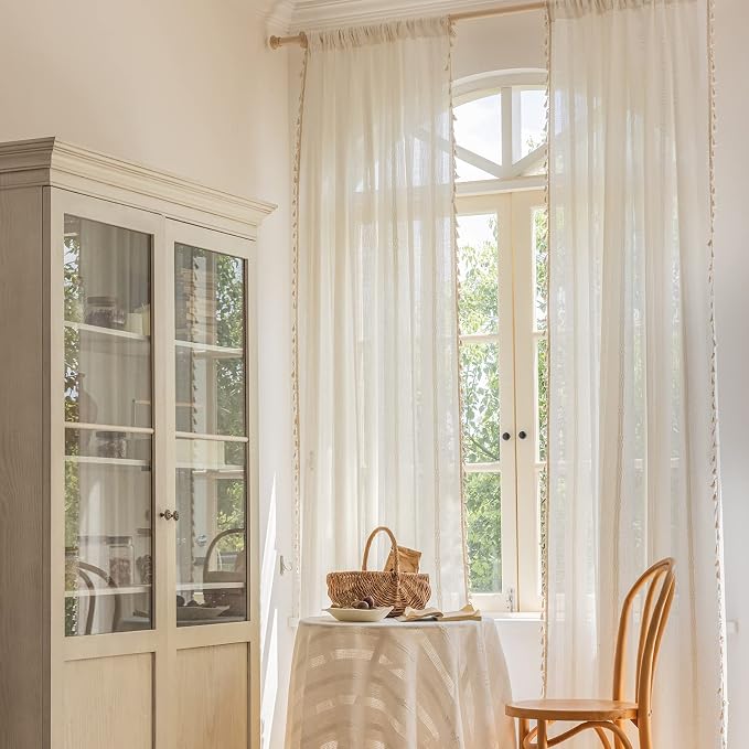 ENJOYBRIDAL Off White Curtains 63 Inch Length 2 Panels Boho Semi Sheer Drapes - Image 4