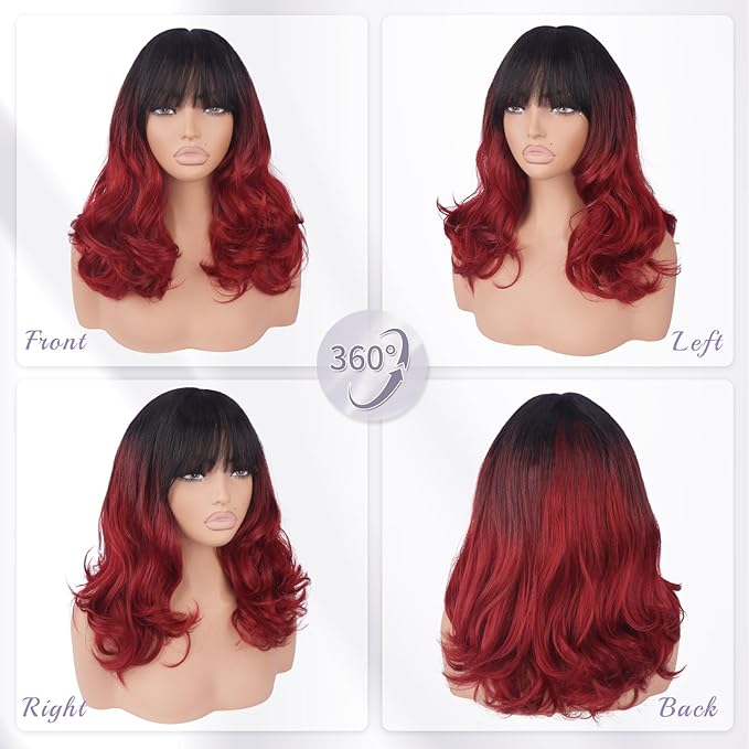 Wig with Bangs for Women | 16 Inch Layered Body Wave Synthetic Wig | Heat Resistant Yaki Fiber Natural Looking Shoulder Length Wigs | Synthetic Wig for Daily Wear - Ombre Black to Burgundy