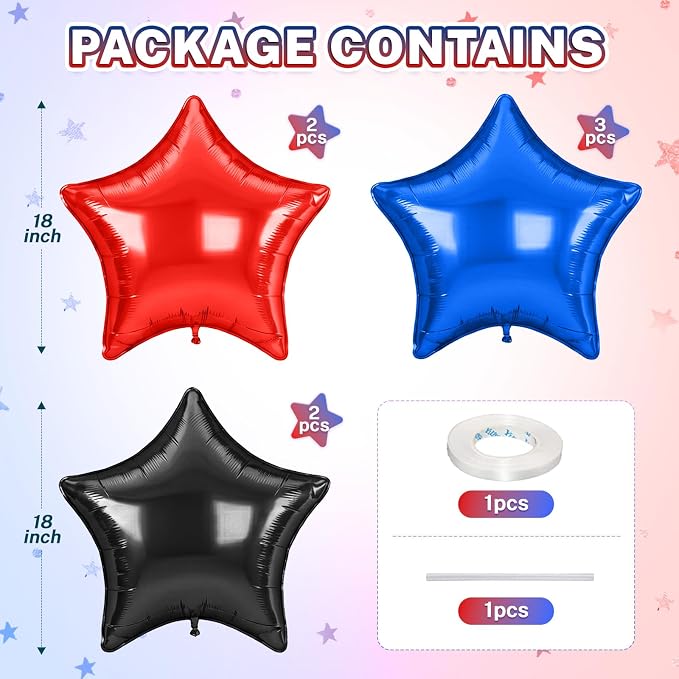 Red Blue Black Star Balloons, 18 Inches Star Foil Balloon - Image 2