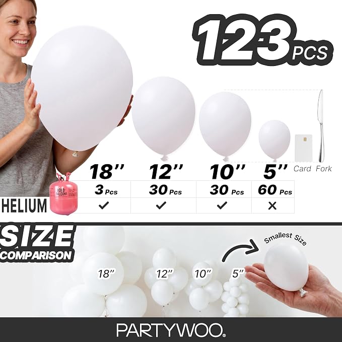PartyWoo White Balloons 123pcs Matte White Latex Balloons Different Sizes | - Image 6