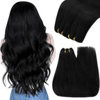 YoungSee 130G Sew in Hair Extensions Black Human Hair Weft Extensions Jet Black Real Hair Weft Extensions One Bundle for Long Hair 24 inch