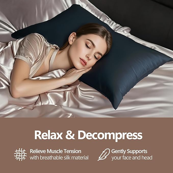 Set of 2 100% Silk Pillow Cases Queen - 6A Luxury Mulberry Silk Pillowcase for Hair and Skin - Anti-Wrinkle, Cooling & Smooth, Hidden Zipper - Pillowcases for Sleeping Women Girl, Boy, Navy Blue