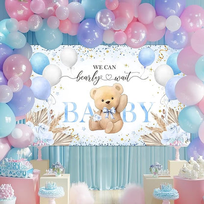 Blue Bear Baby Shower Backdrop 7x5 ft We Can Bearly Wait Banner - Image 4