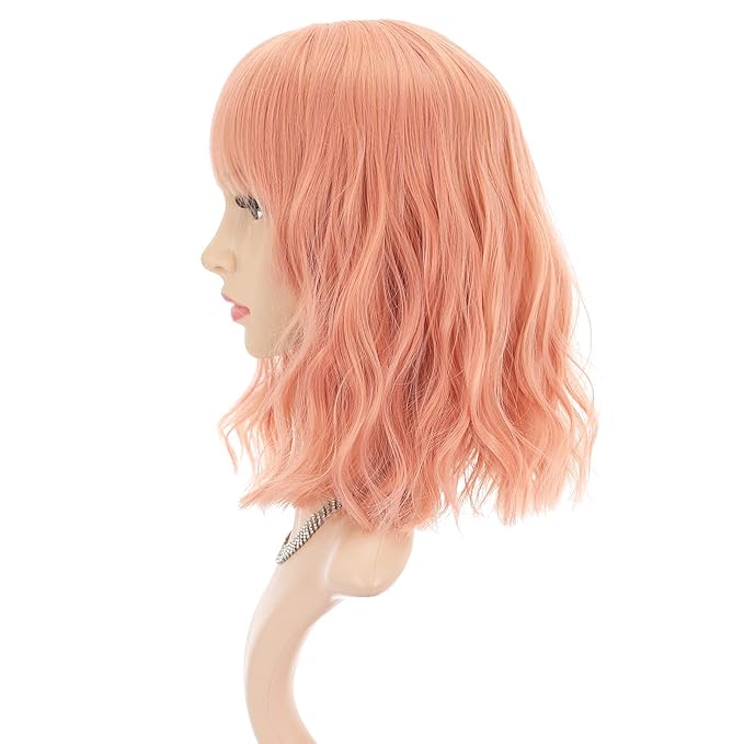 FAELBATY Pink Wigs With Bangs Synthetic Short Bob Wig for Girl Shoulder Length Wig for Women Costume Wigs Mixed Pink(12" Orange Pink)