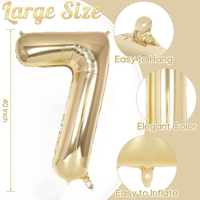 Champagne Gold Large Number 7 Balloon, 40 Inch Light Gold Foil Helium Number - Image 3