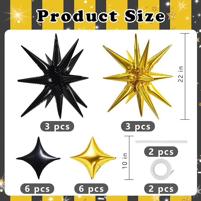 TONIFUL 22Inch 18Pcs Black Gold Large Explosion Star Mylar Balloons and 10Inch - Image 2