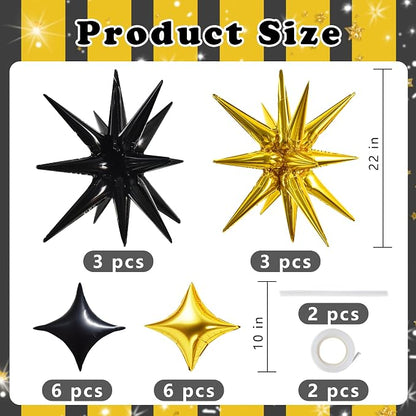TONIFUL 22Inch 18Pcs Black Gold Large Explosion Star Mylar Balloons and 10Inch - Image 2
