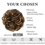 SARLA 2PCS Messy Hair Bun Hair Pieces Wavy Curly Synthetic Updo Fake Scrunchies Ponytail Extension for Women Dark Brown/Beach Blonde Highlight