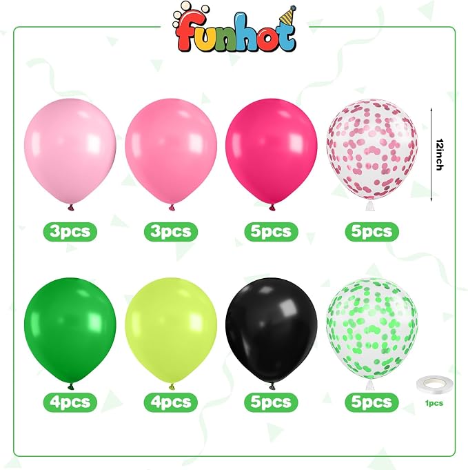 Pink Green and Black Balloons, 12 Inch Hot Light Pink Dark Green Black - Image 2