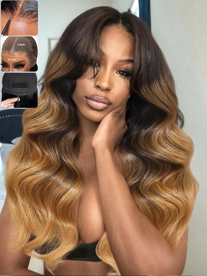 KLAIYI Ombre Highlight Blonde Loose Wave Pre Everything Glueless 13x4 Lace Front Wigs Human Hair Drawstring Balayage Brown Pre Cut Pre Plucked Bleached Ready to Wear and Go Wig with Dark Roots 22Inch