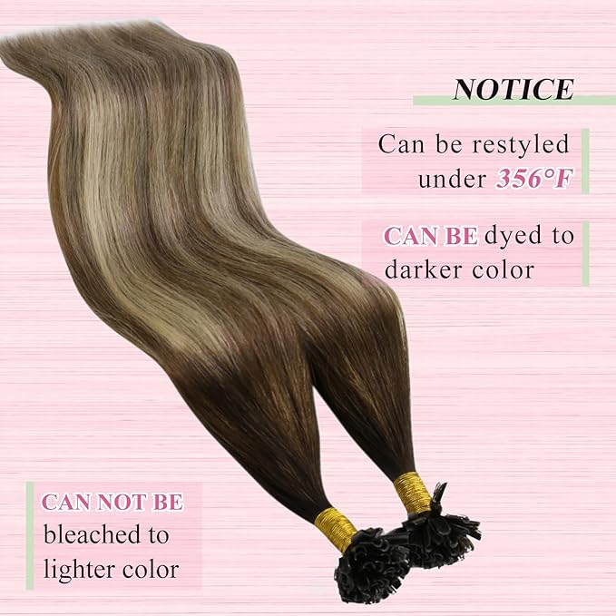 YoungSee U Tip Hair Extensions Human Hair Balayage 14In Utip Remy Hair Extensions Ombre Dark Brown to Brown with Blonde 50s/50g