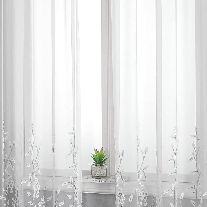 White Sheer Voile Curtains White Embossed Leaves 54Wx84L Inch | Light Filtering - Image 6