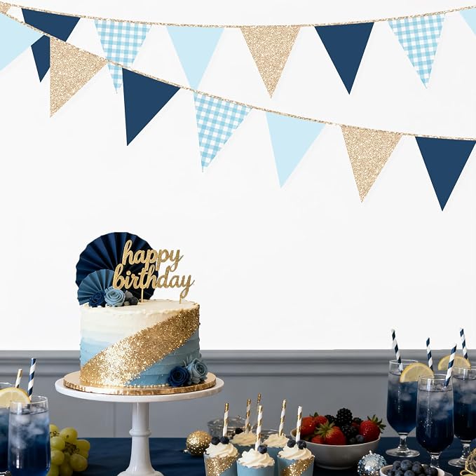 Navy Blue Champagne Gold Dusty Blue Buffalo Plaid Pennant Banner Flag Hanging - Image 7