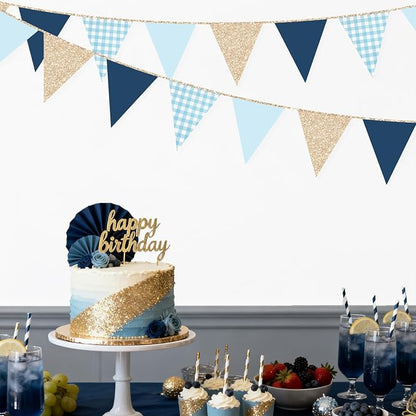 Navy Blue Champagne Gold Dusty Blue Buffalo Plaid Pennant Banner Flag Hanging - Image 7