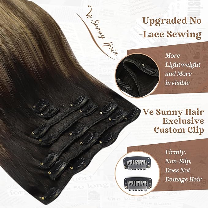 Ve Sunny Clip in Hair Extensions Real Human Hair, Human Hair Extensions Clip ins Black Root Balayage Brown Blonde Remy Hair Extensions, Clip in Human Hair Extensions, 7pcs 120g 18 Inch