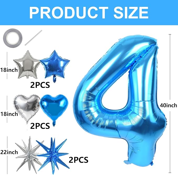TONIFUL 4th Birthday Balloons Kit 40 Inch Blue Large Number 4 Foil Balloon | - Image 2