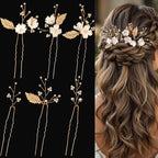 Handmade 6 Piece Flower Wedding Hair Accessories Elegant Bridal Hair Pins with Adorable Flowers Sparkling Rhinestone Gold Leaves and Pearl Accents for Women Brides and Bridesmaids (Gold)