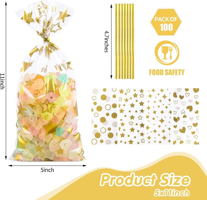 COQOFA 100 Pcs Gold 5"X11" Gift Wrap Cellophane Treat Bags Clear Party Favor - Image 2