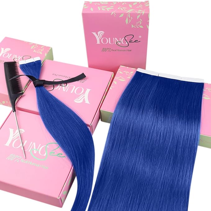 YoungSee Tape in Hair Extensions Human Hair Blue Human Hair Tape in Extensions Blue Tape in Human Hair Extensions 12Inch Short for Women 10Pcs 25G
