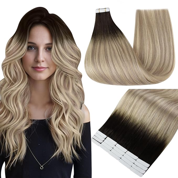 Full Shine Tape in Extensions Color 2 Fading to 18 Ash Blonde Highlight 60 Blonde Invisible Remy Human Hair Extensions Tape in 18 Inch 50g Seamless Skin Weft Extensions for Women Real Hair 20PCS