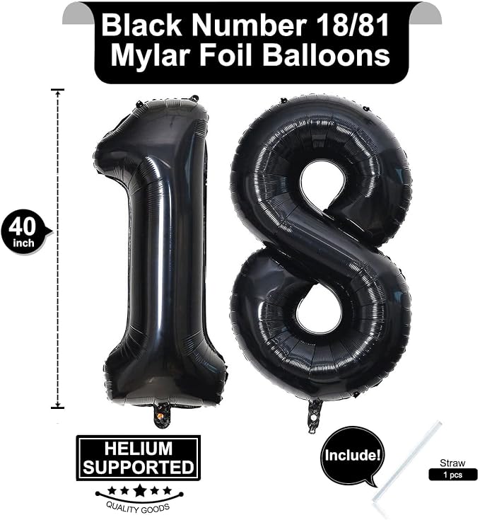 40 Inch Black 18 Number Balloons Giant 18 Balloons Black Birthday Balloons 18th - Image 2