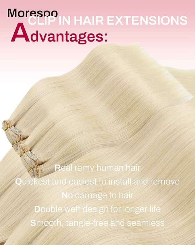 Moresoo Seamless Clip in Hair Extensions Human Hair Blonde PU Seamless Invisible Clip in Human Hair Extensions Golden Platinum Blonde #60 7pcs/120g 22inch