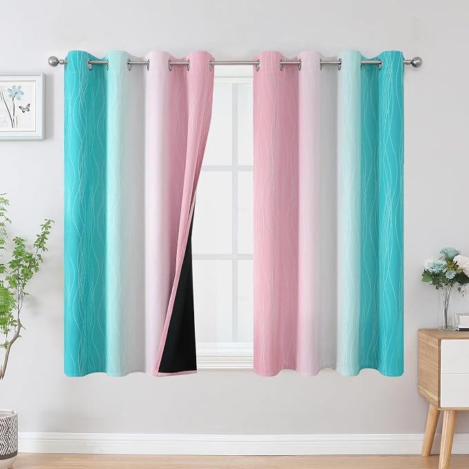 Pink and Teal Blackout Curtains 54 Inch Length, Full Light Blocking Gradient by ESTELARTEXTILER