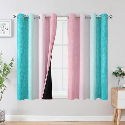 Pink and Teal Blackout Curtains 54 Inch Length, Full Light Blocking Gradient by ESTELARTEXTILER