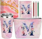 Personalized Gifts Monogrammed Birthday Gifts for Women, Her, Teacher Mother in Law Wedding Christmas Initial 20 oz Tumbler, Makeup Bag Cup Pens Journal Notebook 6 Set, (Aesthetic Pink Flower M)