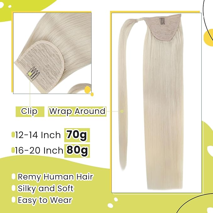 RUNATURE Blonde Ponytail Extension Human Hair, Wrap Around Real Hair Ponytail Extension, Clip in Real Human Hair Ponytail for Long Hair 20 Inch 80g #800 Platinum Blonde