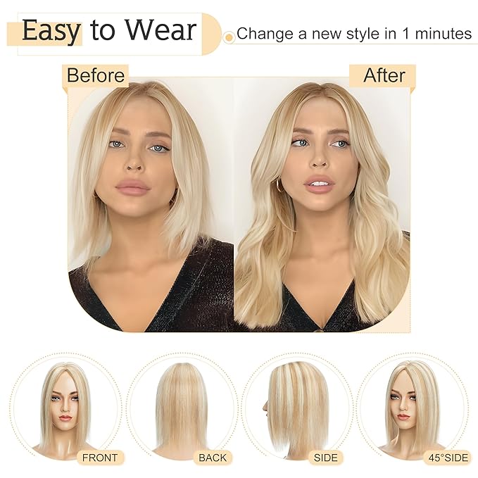 SEGO Human Hair Toppers for Women With Thinning Hair, 7 * 13CM Silk Base 100% Real Human Hair Clip in Top Wiglet Hairpieces -10 Inch No Bangs 12P613 Golden Brown&Bleach Blonde