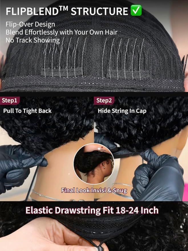 KLAIYI Water Wave 3 In 1 Flip Over 3/4 Half Wig Human Hair Curly Flip Over Seamless Blend Edges Glueless Wear and Go Drawstring Headband Clip In Wigs for Women Ready to Go Wig Beginner Friendly 22Inch