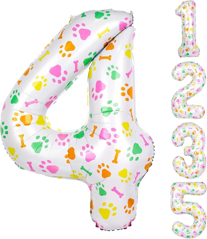 40 Inch Multi-color Dog Paw Balloons, Numeral 4 Birthday Balloons by AXBMM