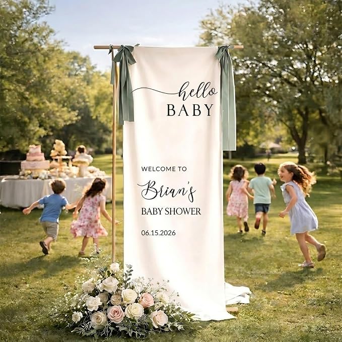 Personalized Baby Shower Fabric Welcome Sign Hello Baby Linen Backdrop 1 | - Image 4