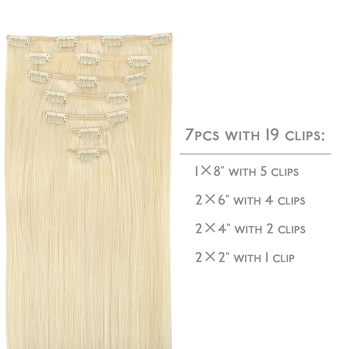 WENNALIFE Clip in Hair Extensions Real Human Hair, 22 Inch 120g 7pcs Human Hair Extensions Clip In Human Hair, Bleach Blonde Hair Extensions Clip In Real Hair Coloured Remy Human Hair Extensions