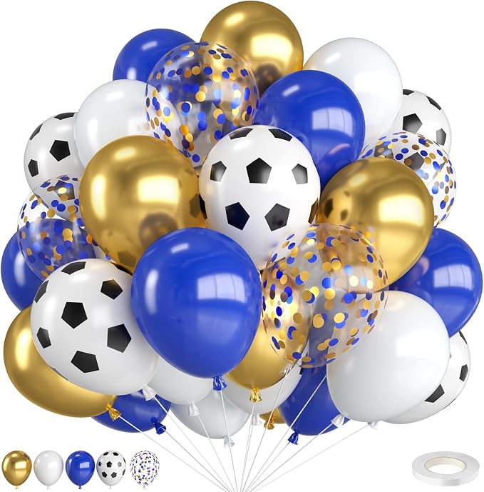 Soccer Balloons, 12 Inch Navy Blue Gold and White Soccer Balloons by FunHot