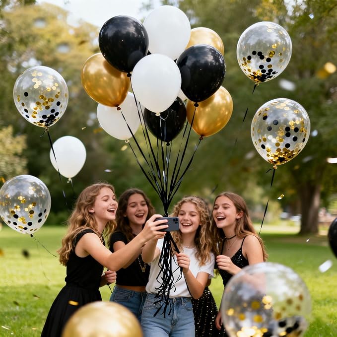 Black Gold Balloons 60Pcs 12 Inch Confetti Latex Balloon Set - Image 4